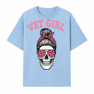Vet Girl Skull Graphic Tee - Trendy Pink Leopard Sunglasses & Bandana Design for Animal Lovers - T-shirt 1758347426301.jpg