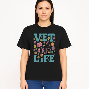 Vet Life Graphic Tee | Colorful Vet Inspired T-Shirt with Pet Icons and Flowers | Perfect Gift for Animal Lovers and Vets - T-shirt 1758347426408.jpg