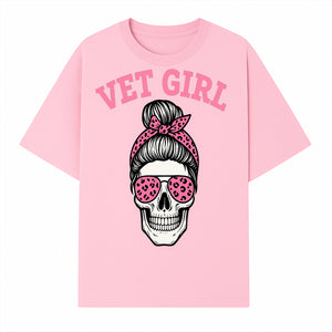 Vet Girl Skull Graphic Tee - Trendy Pink Leopard Sunglasses & Bandana Design for Animal Lovers - T-shirt 1758347426447.jpg