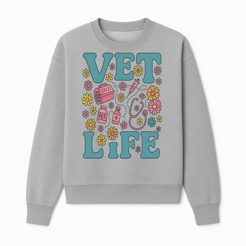 Vet Life Graphic Tee | Colorful Vet Inspired T-Shirt with Pet Icons and Flowers | Perfect Gift for Animal Lovers and Vets - Sweatshirt 1758347426579.jpg