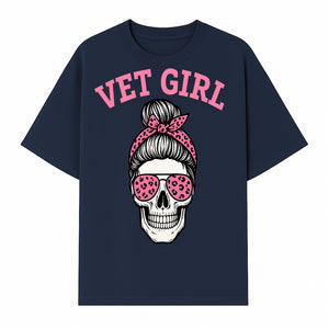 Vet Girl Skull Graphic Tee - Trendy Pink Leopard Sunglasses & Bandana Design for Animal Lovers - T-shirt 1758347426723.jpg
