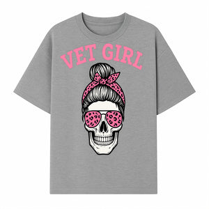 Vet Girl Skull Graphic Tee - Trendy Pink Leopard Sunglasses & Bandana Design for Animal Lovers - T-shirt 1758347426980.jpg