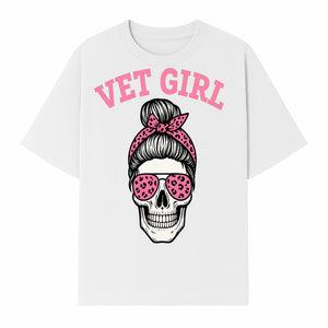 Vet Girl Skull Graphic Tee - Trendy Pink Leopard Sunglasses & Bandana Design for Animal Lovers - T-shirt 1758347427128.jpg