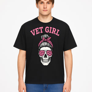 Vet Girl Skull Graphic Tee - Trendy Pink Leopard Sunglasses & Bandana Design for Animal Lovers - T-shirt 1758347428248.jpg