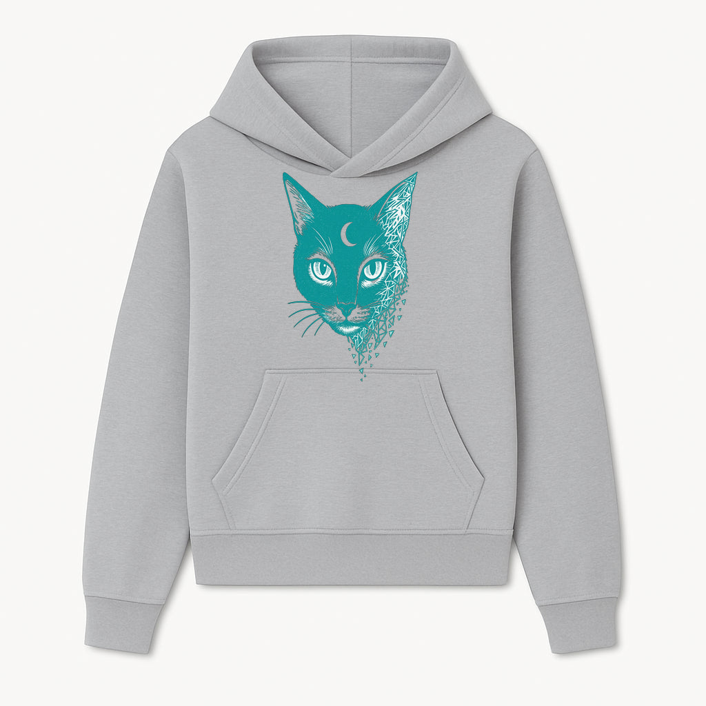 Geometric Cat Art Print with Moon Accent | Teal Abstract Cat Design | Modern Wall Decor for Cat Lovers and Home Aesthetics - Hoodie 1758347428662.jpg