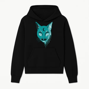Geometric Cat Art Print with Moon Accent | Teal Abstract Cat Design | Modern Wall Decor for Cat Lovers and Home Aesthetics - Hoodie 1758347428795.jpg