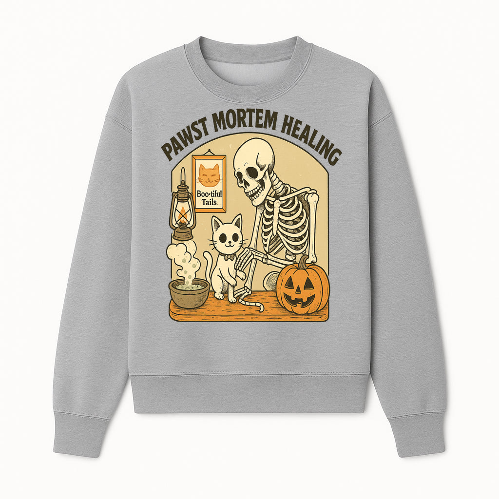 Pawst Mortem Healing Halloween Art Print - Skeleton, Cat, Pumpkin, Vintage Style Decor for Pet Lovers and Spooky Aesthetic - Sweatshirt 1758347429109.jpg