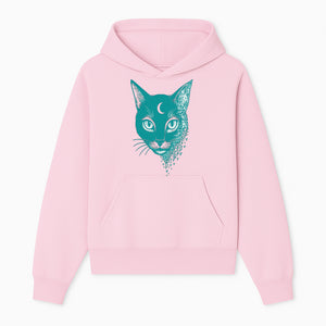 Geometric Cat Art Print with Moon Accent | Teal Abstract Cat Design | Modern Wall Decor for Cat Lovers and Home Aesthetics - Hoodie 1758347429471.jpg