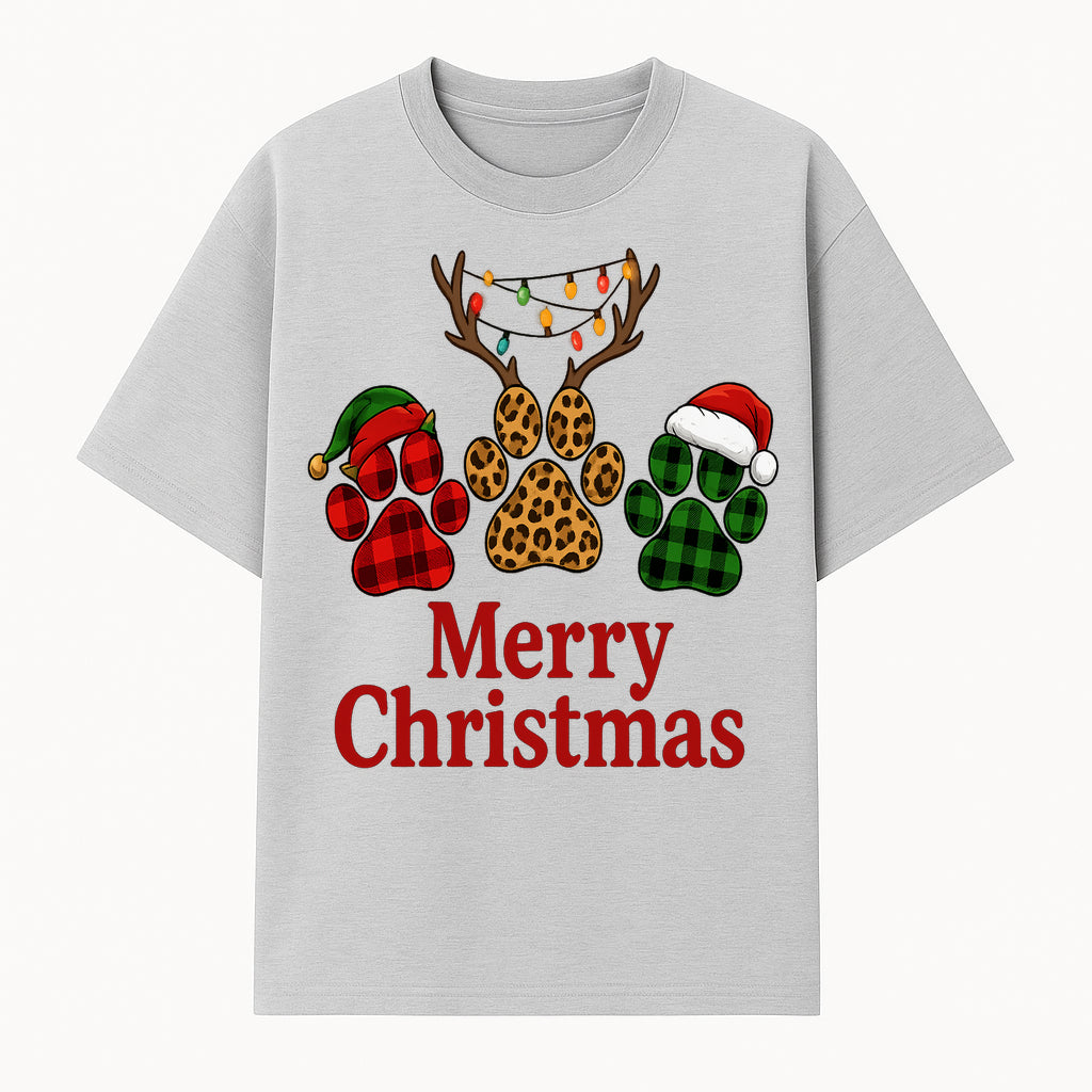 Merry Christmas Pet Paw Print Design with Santa Hats and Holiday Lights - Festive Animal Lover Holiday Decor - T-shirt 1758347429631.jpg