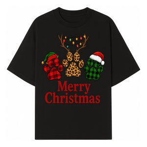 Merry Christmas Pet Paw Print Design with Santa Hats and Holiday Lights - Festive Animal Lover Holiday Decor - T-shirt 1758347429777.jpg