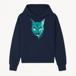 Geometric Cat Art Print with Moon Accent | Teal Abstract Cat Design | Modern Wall Decor for Cat Lovers and Home Aesthetics - Hoodie 1758347429802.jpg