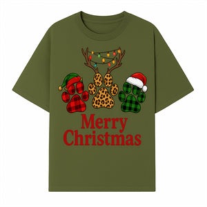 Merry Christmas Pet Paw Print Design with Santa Hats and Holiday Lights - Festive Animal Lover Holiday Decor - T-shirt 1758347430046.jpg