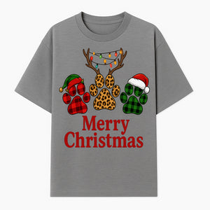 Merry Christmas Pet Paw Print Design with Santa Hats and Holiday Lights - Festive Animal Lover Holiday Decor - T-shirt 1758347430161.jpg