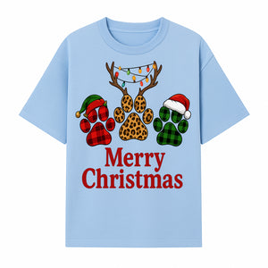 Merry Christmas Pet Paw Print Design with Santa Hats and Holiday Lights - Festive Animal Lover Holiday Decor - T-shirt 1758347430293.jpg