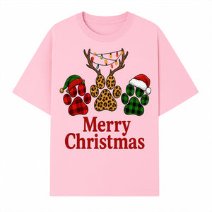 Merry Christmas Pet Paw Print Design with Santa Hats and Holiday Lights - Festive Animal Lover Holiday Decor - T-shirt 1758347430440.jpg