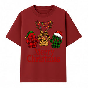Merry Christmas Pet Paw Print Design with Santa Hats and Holiday Lights - Festive Animal Lover Holiday Decor - T-shirt 1758347430571.jpg