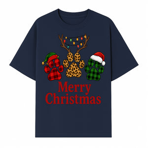 Merry Christmas Pet Paw Print Design with Santa Hats and Holiday Lights - Festive Animal Lover Holiday Decor - T-shirt 1758347430686.jpg