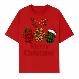 Merry Christmas Pet Paw Print Design with Santa Hats and Holiday Lights - Festive Animal Lover Holiday Decor - T-shirt 1758347430821.jpg