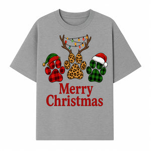 Merry Christmas Pet Paw Print Design with Santa Hats and Holiday Lights - Festive Animal Lover Holiday Decor - T-shirt 1758347430956.jpg