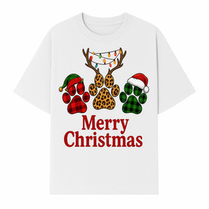 Merry Christmas Pet Paw Print Design with Santa Hats and Holiday Lights - Festive Animal Lover Holiday Decor - T-shirt 1758347431087.jpg