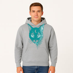 Geometric Cat Art Print with Moon Accent | Teal Abstract Cat Design | Modern Wall Decor for Cat Lovers and Home Aesthetics - Hoodie 1758347431281.jpg