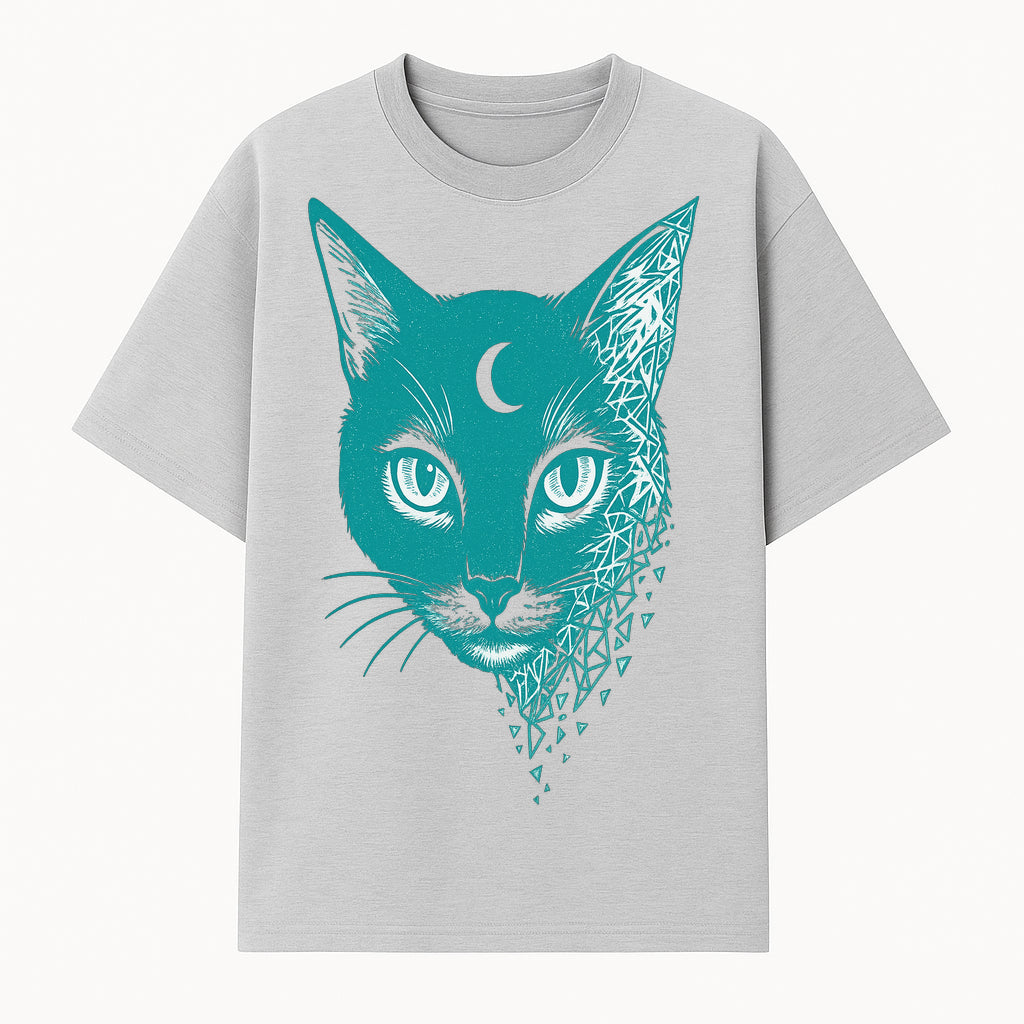Geometric Cat Art Print with Moon Accent | Teal Abstract Cat Design | Modern Wall Decor for Cat Lovers and Home Aesthetics - T-shirt 1758347431558.jpg