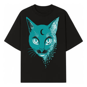 Geometric Cat Art Print with Moon Accent | Teal Abstract Cat Design | Modern Wall Decor for Cat Lovers and Home Aesthetics - T-shirt 1758347431691.jpg