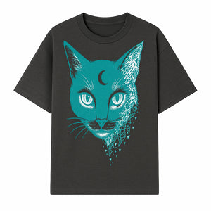 Geometric Cat Art Print with Moon Accent | Teal Abstract Cat Design | Modern Wall Decor for Cat Lovers and Home Aesthetics - T-shirt 1758347431804.jpg