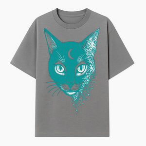 Geometric Cat Art Print with Moon Accent | Teal Abstract Cat Design | Modern Wall Decor for Cat Lovers and Home Aesthetics - T-shirt 1758347432070.jpg