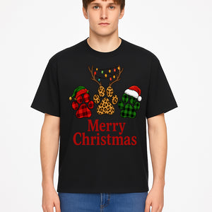 Merry Christmas Pet Paw Print Design with Santa Hats and Holiday Lights - Festive Animal Lover Holiday Decor - T-shirt 1758347432241.jpg