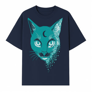 Geometric Cat Art Print with Moon Accent | Teal Abstract Cat Design | Modern Wall Decor for Cat Lovers and Home Aesthetics - T-shirt 1758347432635.jpg