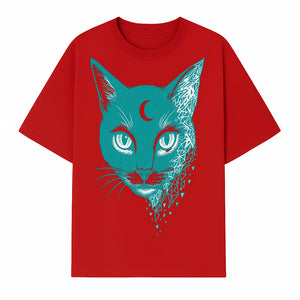 Geometric Cat Art Print with Moon Accent | Teal Abstract Cat Design | Modern Wall Decor for Cat Lovers and Home Aesthetics - T-shirt 1758347432745.jpg