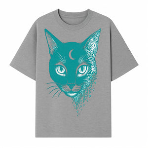 Geometric Cat Art Print with Moon Accent | Teal Abstract Cat Design | Modern Wall Decor for Cat Lovers and Home Aesthetics - T-shirt 1758347432870.jpg
