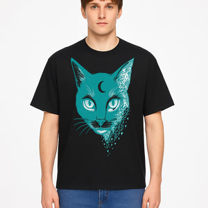 Geometric Cat Art Print with Moon Accent | Teal Abstract Cat Design | Modern Wall Decor for Cat Lovers and Home Aesthetics - T-shirt 1758347434140.jpg