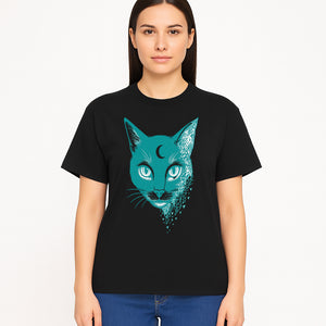 Geometric Cat Art Print with Moon Accent | Teal Abstract Cat Design | Modern Wall Decor for Cat Lovers and Home Aesthetics - T-shirt 1758347434277.jpg