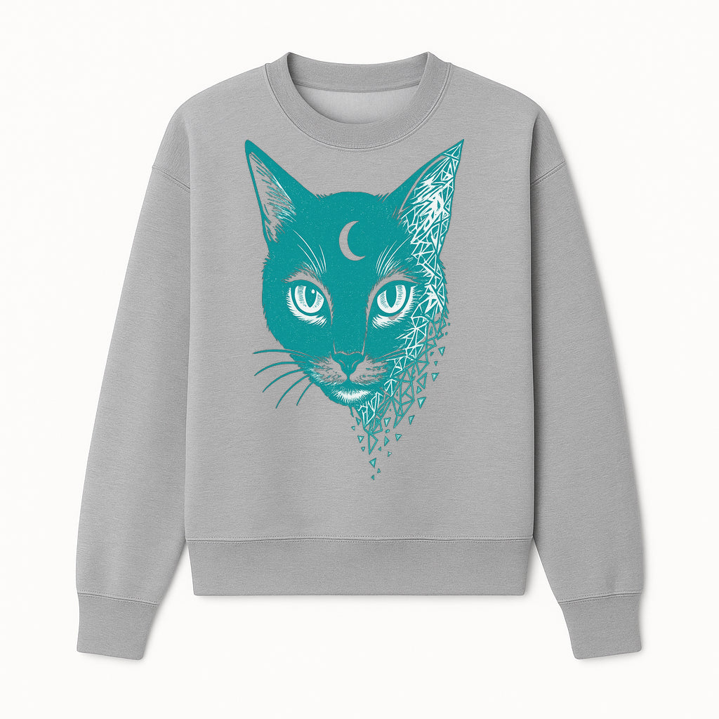 Geometric Cat Art Print with Moon Accent | Teal Abstract Cat Design | Modern Wall Decor for Cat Lovers and Home Aesthetics - Sweatshirt 1758347434402.jpg