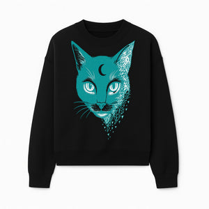 Geometric Cat Art Print with Moon Accent | Teal Abstract Cat Design | Modern Wall Decor for Cat Lovers and Home Aesthetics - Sweatshirt 1758347434523.jpg