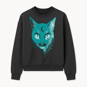 Geometric Cat Art Print with Moon Accent | Teal Abstract Cat Design | Modern Wall Decor for Cat Lovers and Home Aesthetics - Sweatshirt 1758347434645.jpg