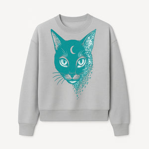 Geometric Cat Art Print with Moon Accent | Teal Abstract Cat Design | Modern Wall Decor for Cat Lovers and Home Aesthetics - Sweatshirt 1758347434890.jpg