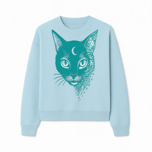 Geometric Cat Art Print with Moon Accent | Teal Abstract Cat Design | Modern Wall Decor for Cat Lovers and Home Aesthetics - Sweatshirt 1758347435010.jpg