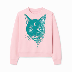 Geometric Cat Art Print with Moon Accent | Teal Abstract Cat Design | Modern Wall Decor for Cat Lovers and Home Aesthetics - Sweatshirt 1758347435150.jpg