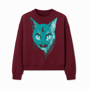 Geometric Cat Art Print with Moon Accent | Teal Abstract Cat Design | Modern Wall Decor for Cat Lovers and Home Aesthetics - Sweatshirt 1758347435286.jpg