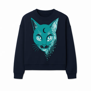 Geometric Cat Art Print with Moon Accent | Teal Abstract Cat Design | Modern Wall Decor for Cat Lovers and Home Aesthetics - Sweatshirt 1758347435428.jpg
