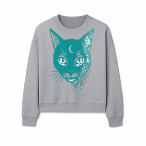 Geometric Cat Art Print with Moon Accent | Teal Abstract Cat Design | Modern Wall Decor for Cat Lovers and Home Aesthetics - Sweatshirt 1758347435705.jpg