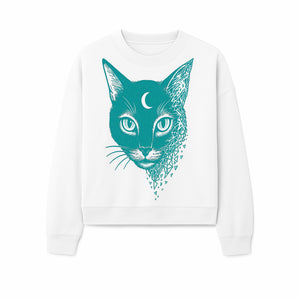 Geometric Cat Art Print with Moon Accent | Teal Abstract Cat Design | Modern Wall Decor for Cat Lovers and Home Aesthetics - Sweatshirt 1758347435843.jpg