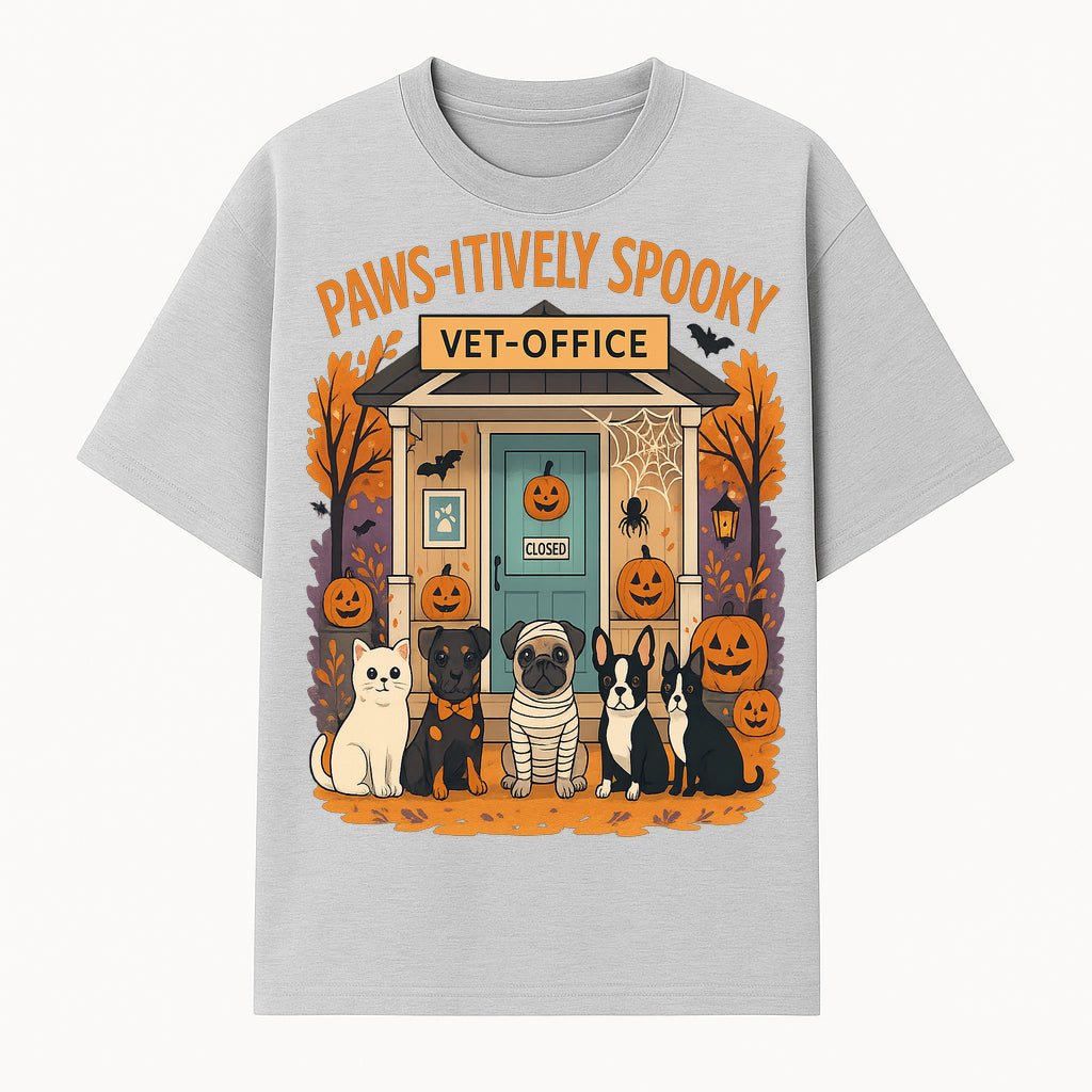 Paws-itively Spooky Vet Office Halloween Greeting Card with Cute Cats and Dogs, Pumpkin Decor, Perfect for Pet Lovers - T-shirt 1758347436642.jpg