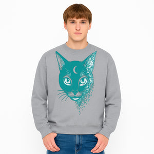 Geometric Cat Art Print with Moon Accent | Teal Abstract Cat Design | Modern Wall Decor for Cat Lovers and Home Aesthetics - Sweatshirt 1758347436995.jpg