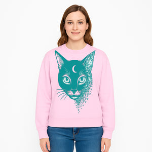Geometric Cat Art Print with Moon Accent | Teal Abstract Cat Design | Modern Wall Decor for Cat Lovers and Home Aesthetics - Sweatshirt 1758347437118.jpg