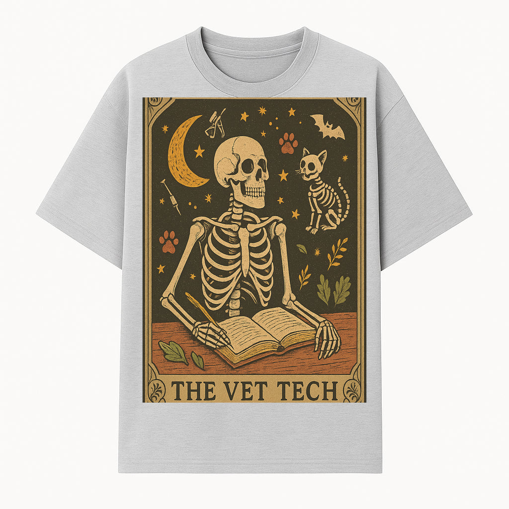 Vintage Skeleton Vet Tech Art Print - Halloween Decor, Veterinary Gift, Cute Cat & Skull Illustration, Medical Theme Wall Art - T-shirt 1758347438107.jpg