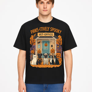 Paws-itively Spooky Vet Office Halloween Greeting Card with Cute Cats and Dogs, Pumpkin Decor, Perfect for Pet Lovers - T-shirt 1758347439252.jpg